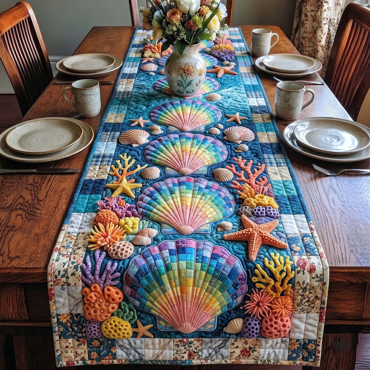 Rainbow Shells with Coral and Starfish Table Runner - Made to Order TABLE928