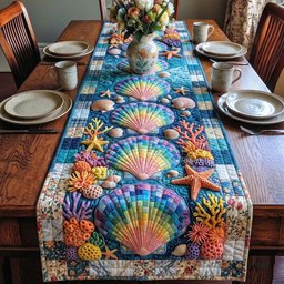 Rainbow Shells with Coral and Starfish Table Runner - Made to Order TABLE928