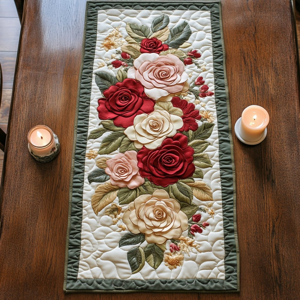 Red and Cream Roses on Ivory Table Runner - Made to Order TABLE928