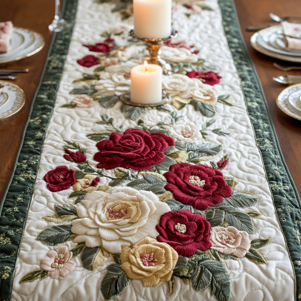Red and Cream Roses on Green Table Runner - Made to Order TABLE928