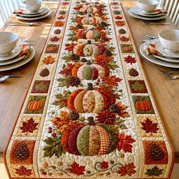 Pumpkins with Fall Leaves on Cream Table Runner - Made to Order TABLE928