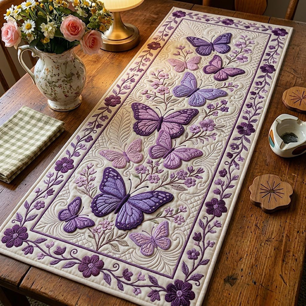 Purple Butterflies on Cream Vine Table Runner - Made to Order TABLE928