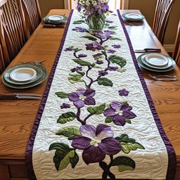 Purple Flowering Vine on Cream Table Runner - Made to Order TABLE928