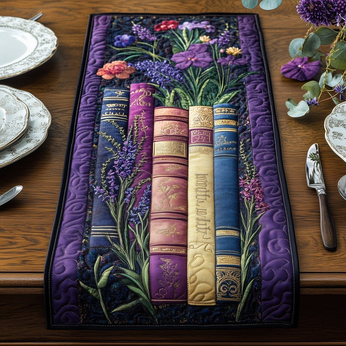 Purple Book Spines with Lavender Table Runner - Made to Order TABLE928