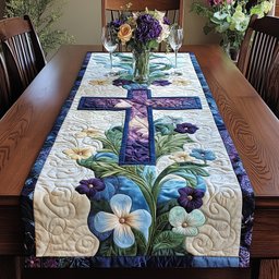 Purple Cross with Blue Blossoms Table Runner - Made to Order TABLE928