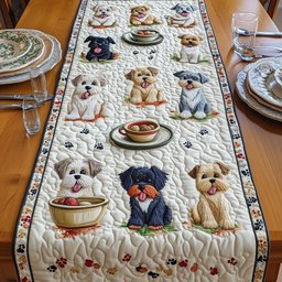Puppies with Bowls on Green Grass Table Runner - Made to Order TABLE928