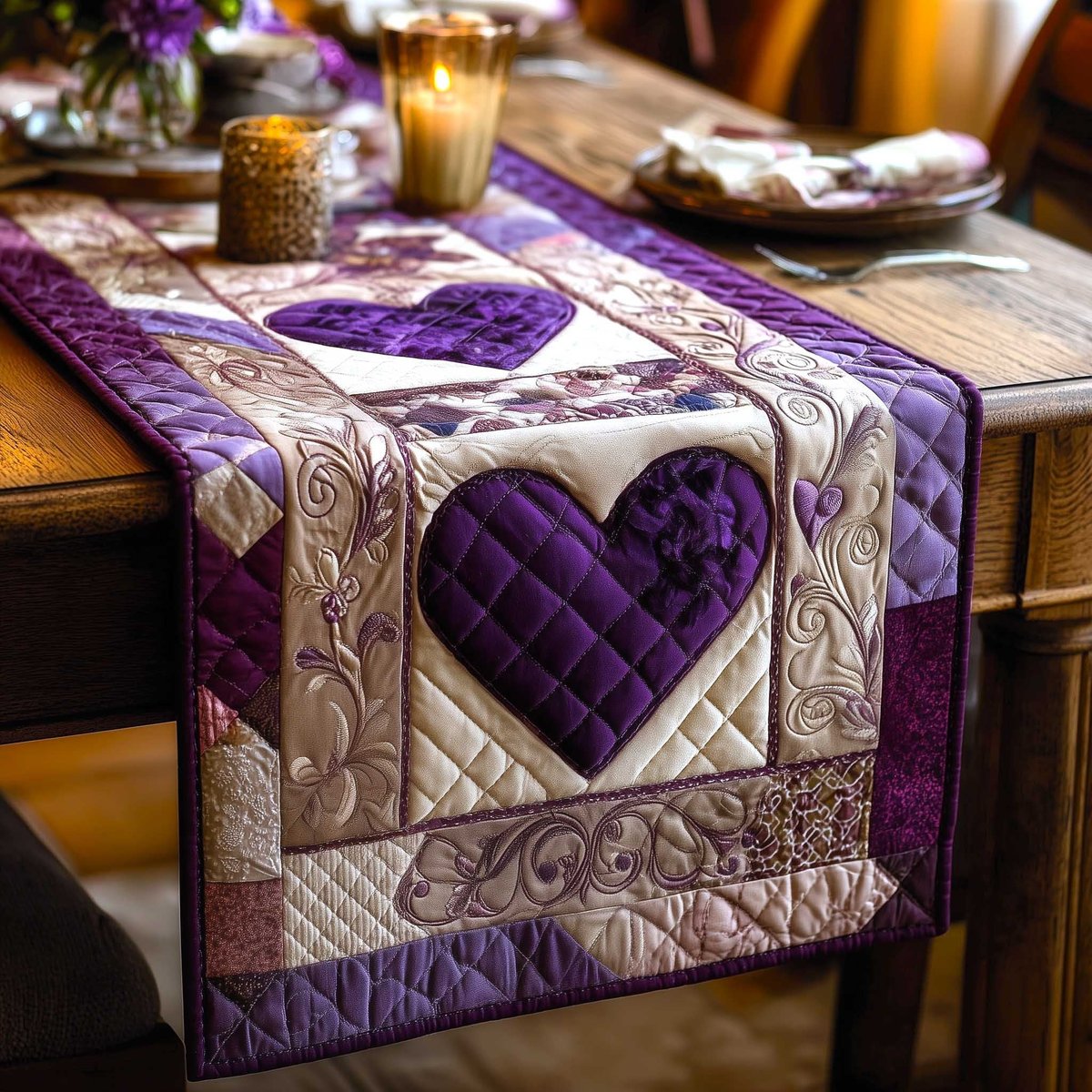 Purple Heart on Cream Panel Table Runner - Made to Order TABLE928