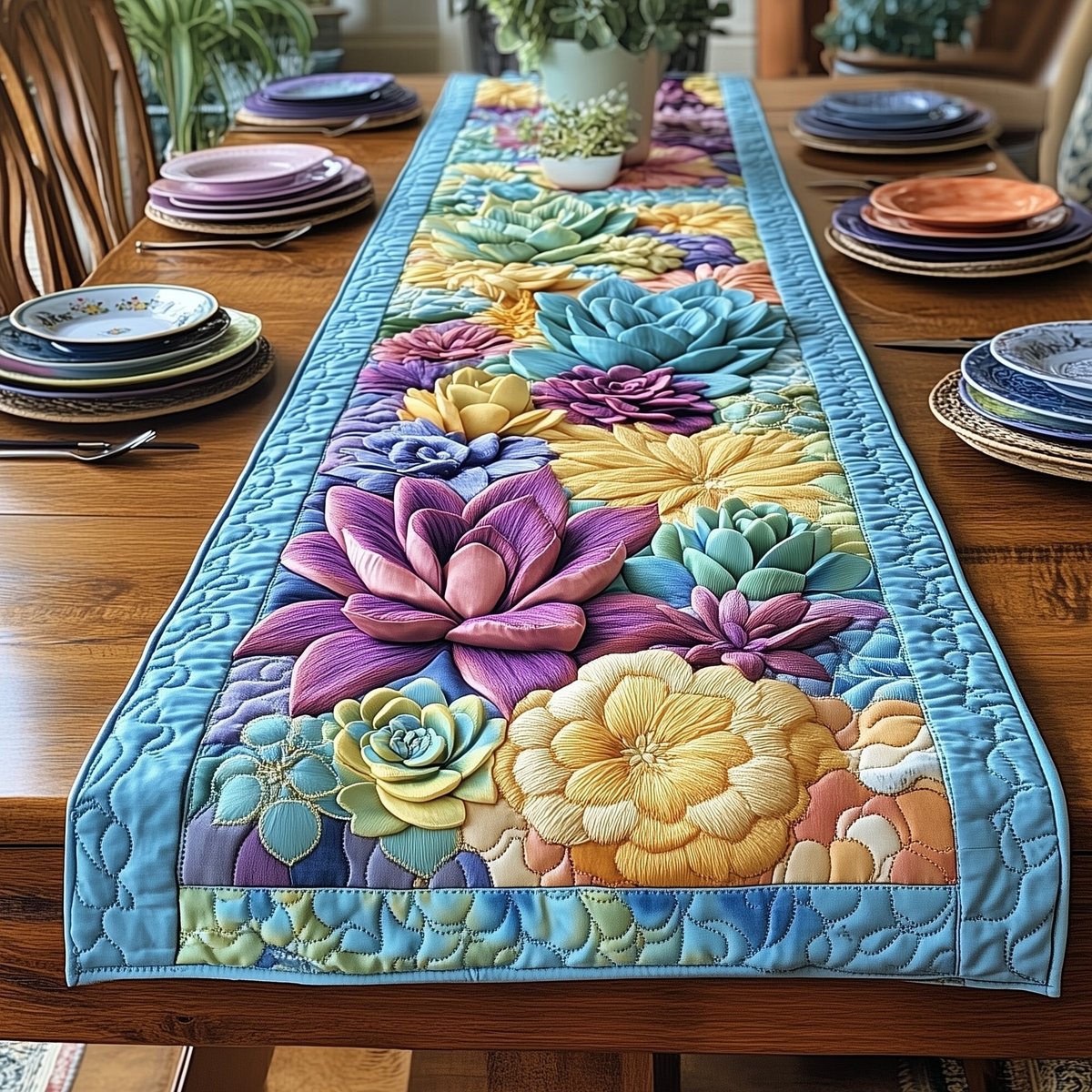 Purple Succulents on Blue Table Runner - Made to Order TABLE928