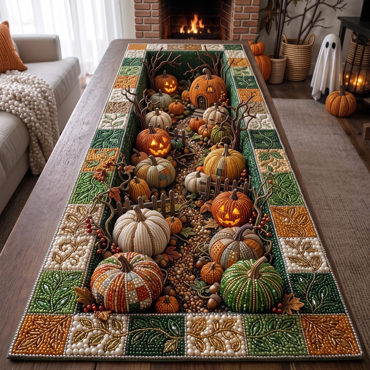 Pumpkins on Green Patchwork Table Runner - Made to Order TABLE928