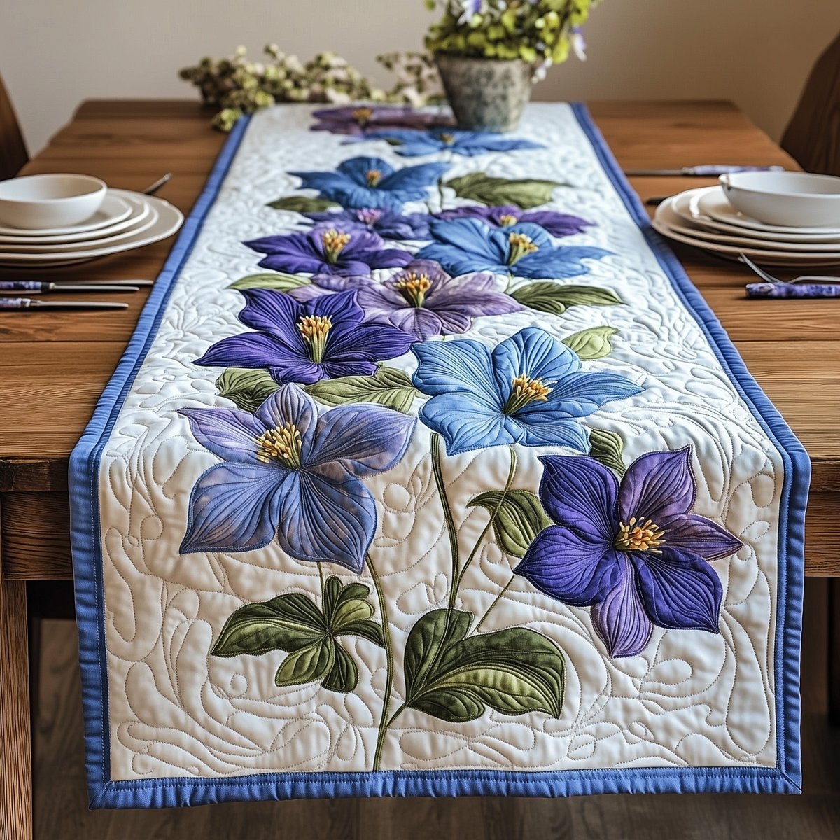 Purple and Blue Blooms on Cream Table Runner - Made to Order TABLE928