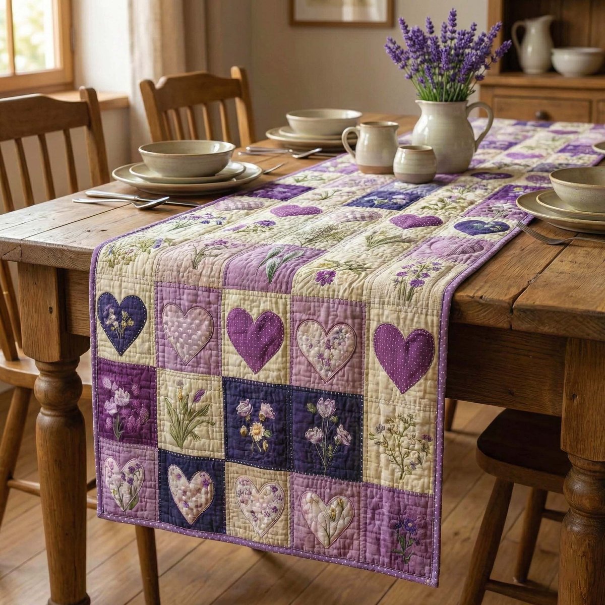 Purple Hearts and Flower Blocks Table Runner - Made to Order TABLE928