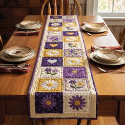 Purple Daisies in Cream Squares Table Runner - Made to Order TABLE928