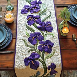 Purple Iris Stems on Ivory Table Runner - Made to Order TABLE928