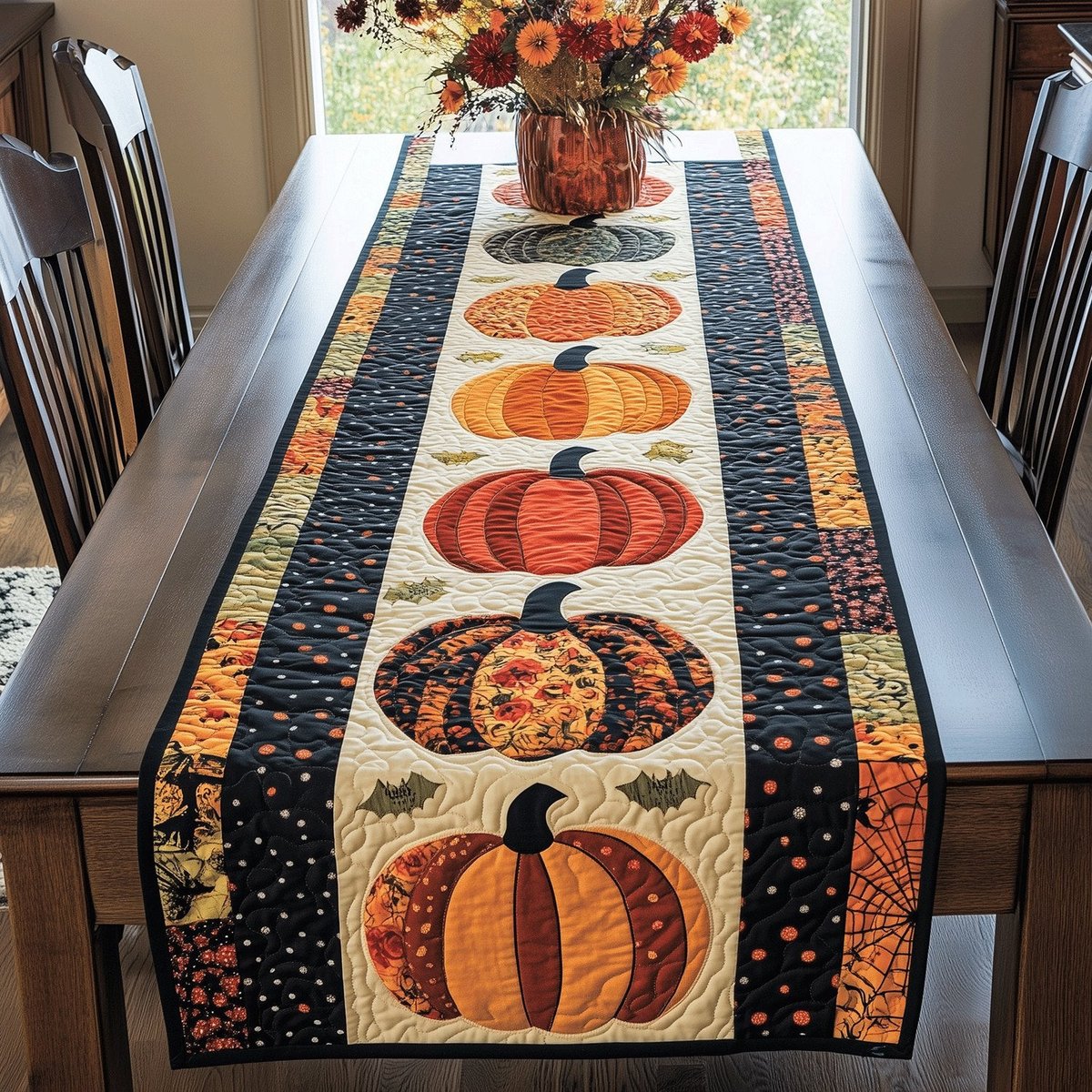 Pumpkins on Black Dotted Border Table Runner - Made to Order TABLE928