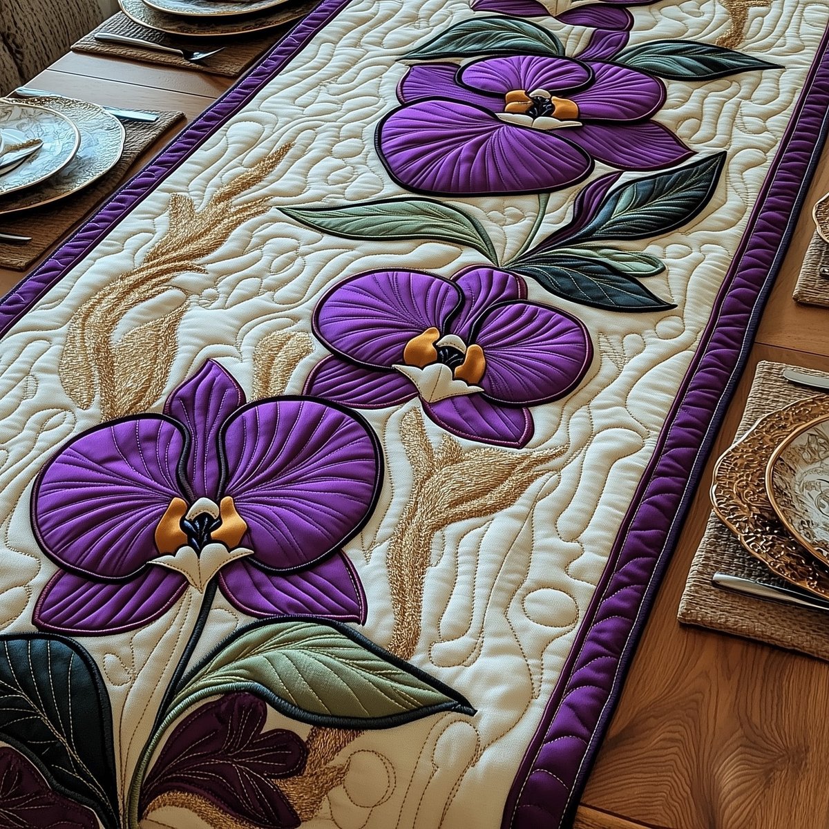 Purple Orchids with Green Leaves Table Runner - Made to Order TABLE928
