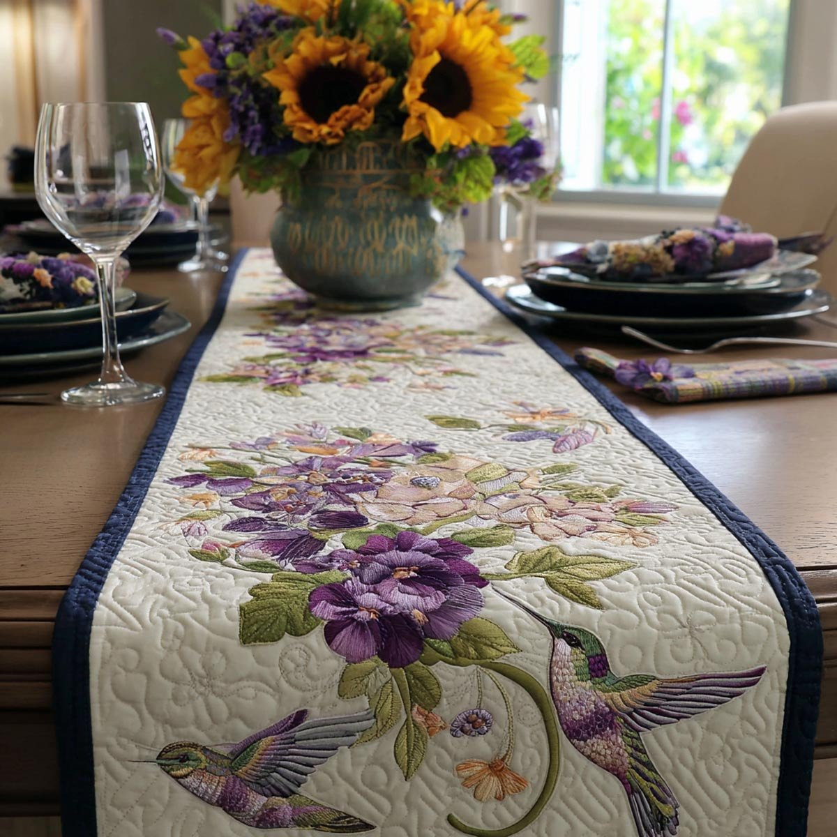 Purple Blooms with a Hummingbird Table Runner - Made to Order TABLE928