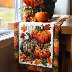 Pumpkins and Maple Leaves on Ivory Table Runner - Made to Order TABLE928