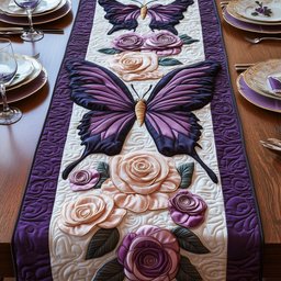 Purple Butterfly Above Cream Roses Table Runner - Made to Order TABLE928
