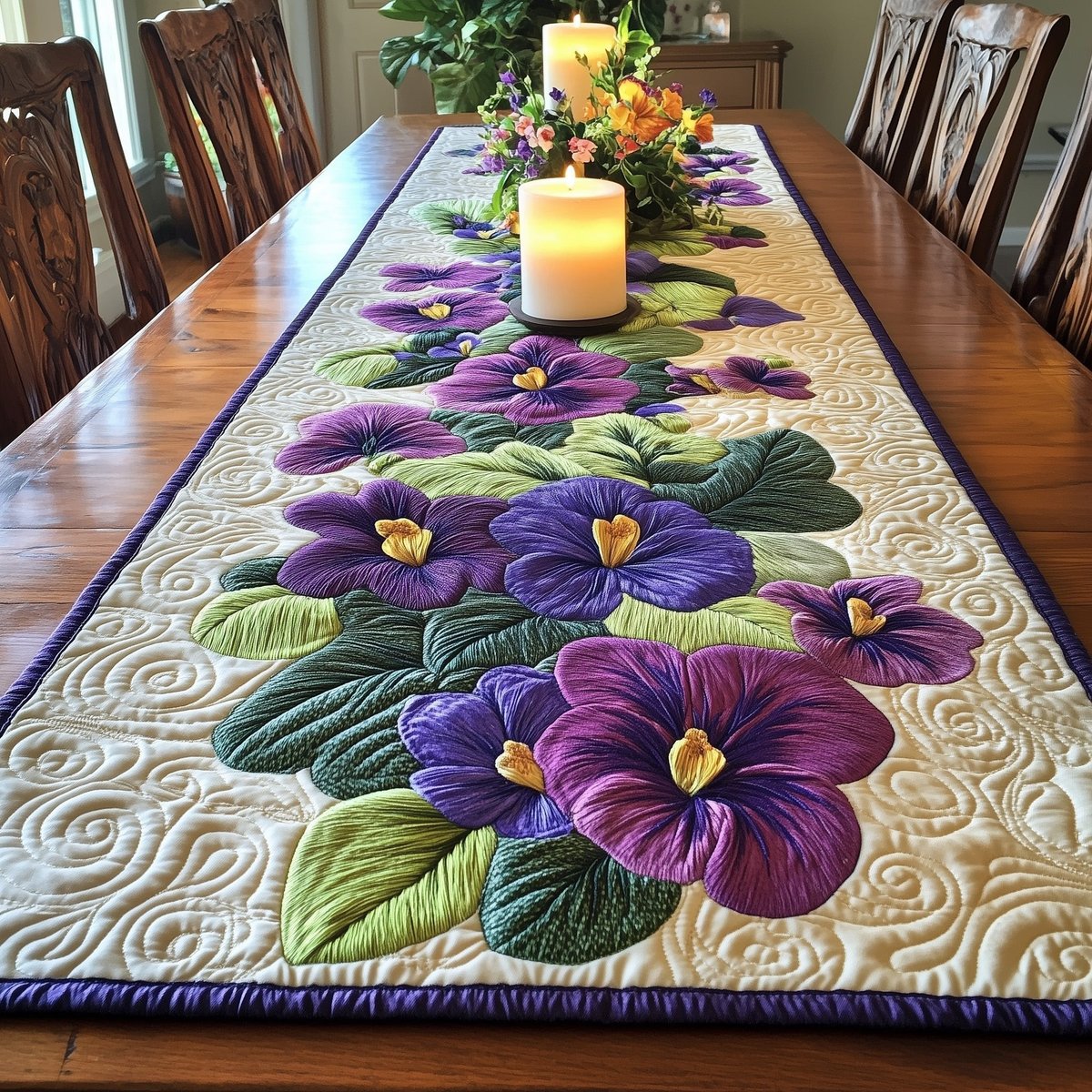 Purple Pansies with Green Leaves Table Runner - Made to Order TABLE928