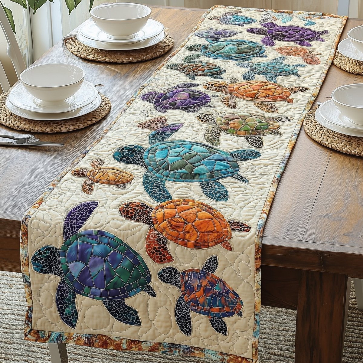 Purple and Orange Turtles on Cream Table Runner - Made to Order TABLE928