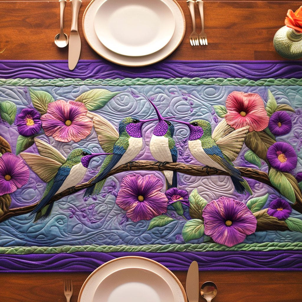 Purple Blossoms with Birds on Branch Table Runner - Made to Order TABLE928
