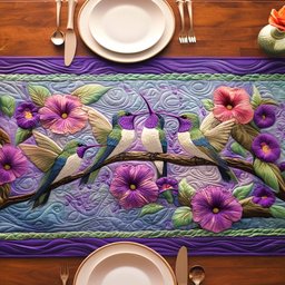 Purple Blossoms with Birds on Branch Table Runner - Made to Order TABLE928