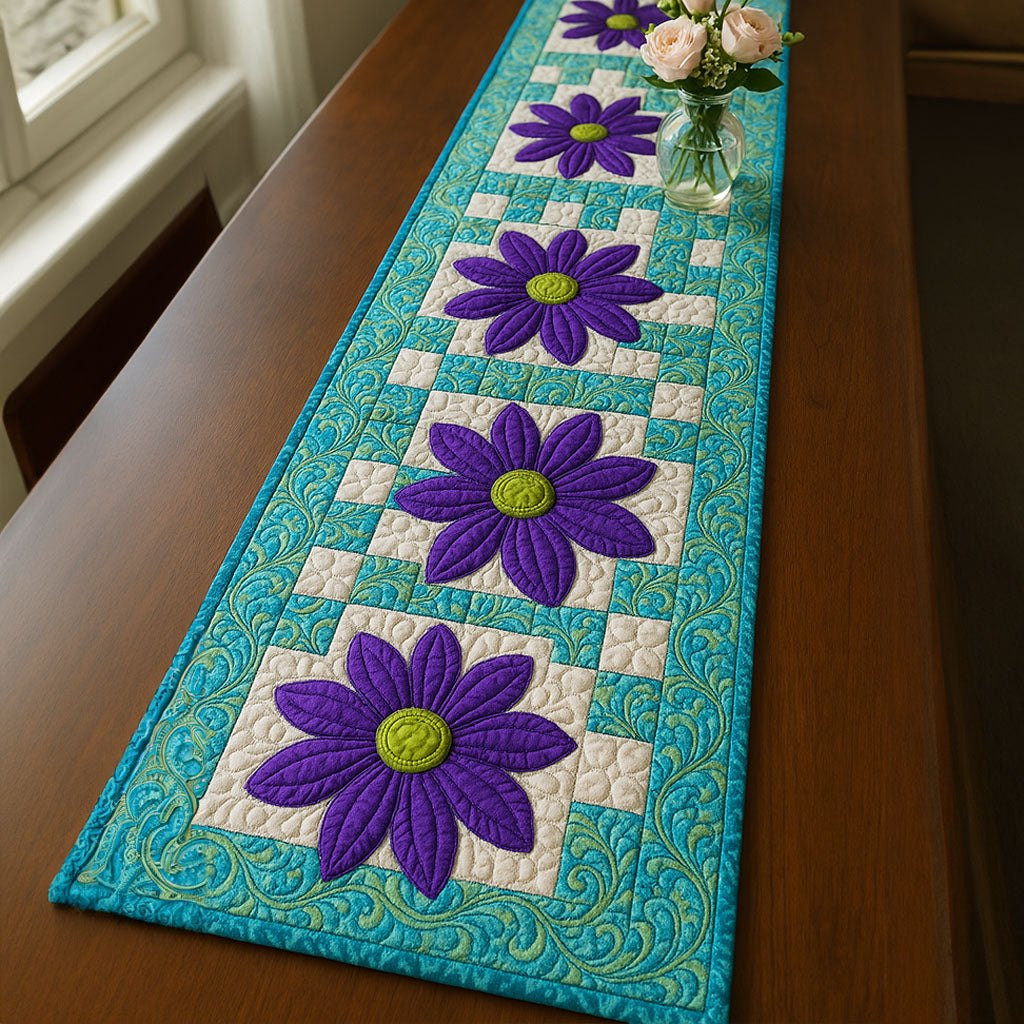 Purple Daisies on Teal Table Runner - Made to Order TABLE928