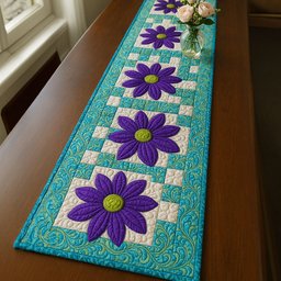 Purple Daisies on Teal Table Runner - Made to Order TABLE928
