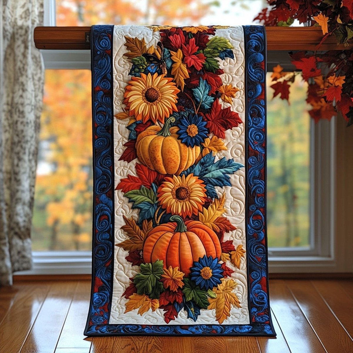 Pumpkins with Sunflowers and Leaves Table Runner - Made to Order TABLE928
