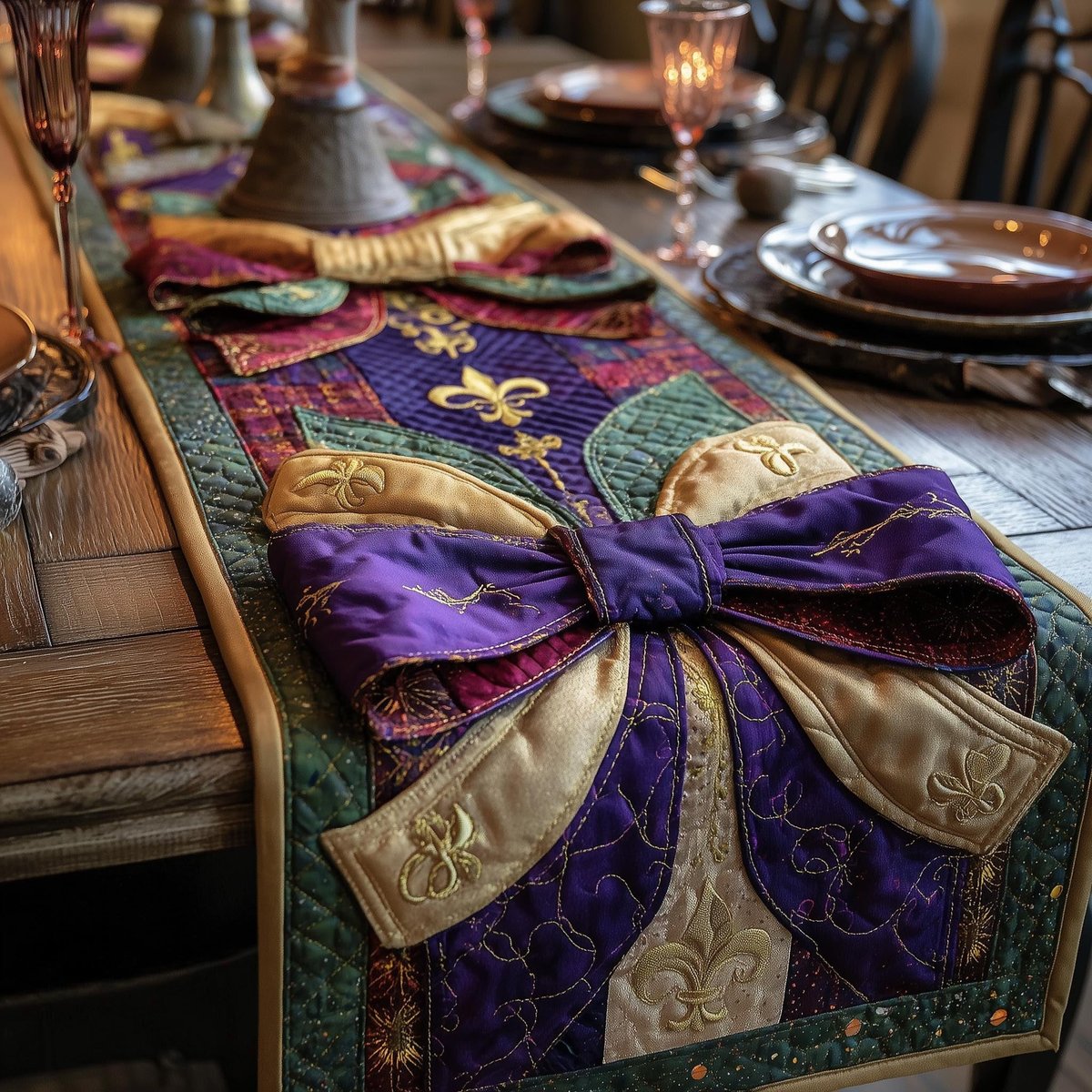 Purple Bow on Gold Blocks Table Runner - Made to Order TABLE928