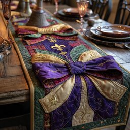 Purple Bow on Gold Blocks Table Runner - Made to Order TABLE928