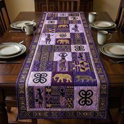 Purple Panel with Adinkra Symbols Table Runner - Made to Order TABLE928