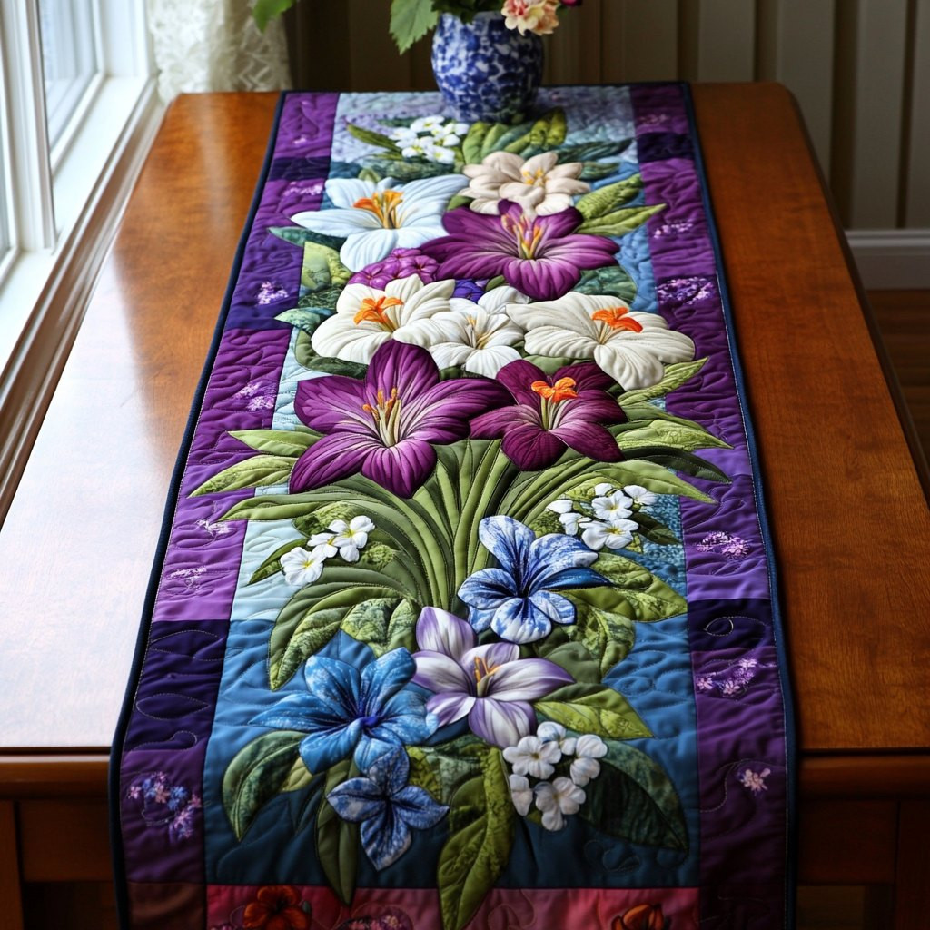 Purple and White Lilies on Purple Table Runner - Made to Order TABLE928