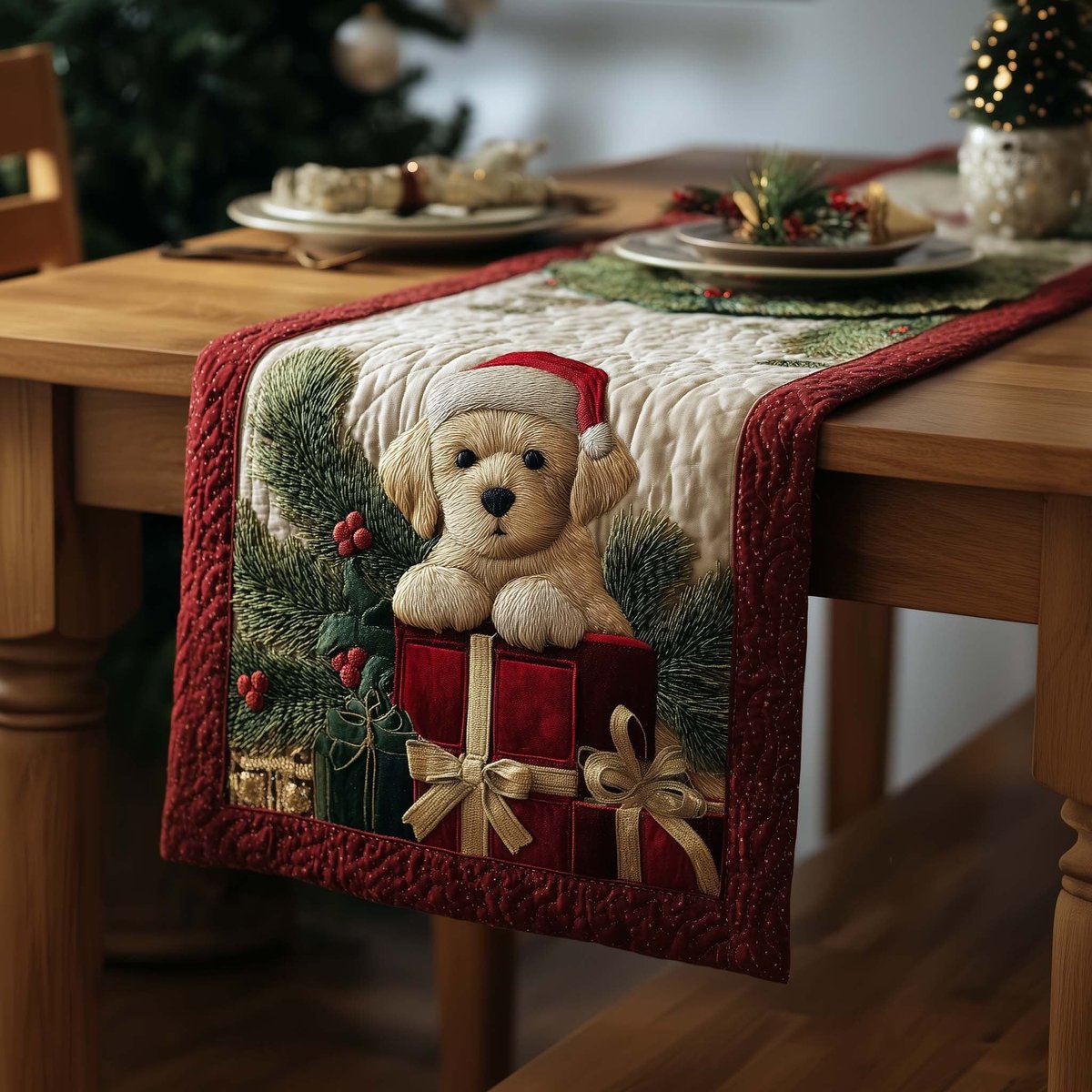 Puppy in Santa Hat in Gift Box Table Runner - Made to Order TABLE928