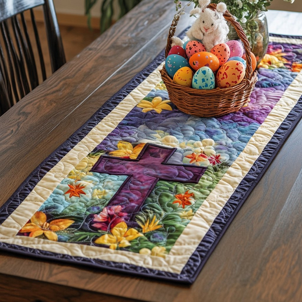 Purple Cross with Spring Flowers Table Runner - Made to Order TABLE928