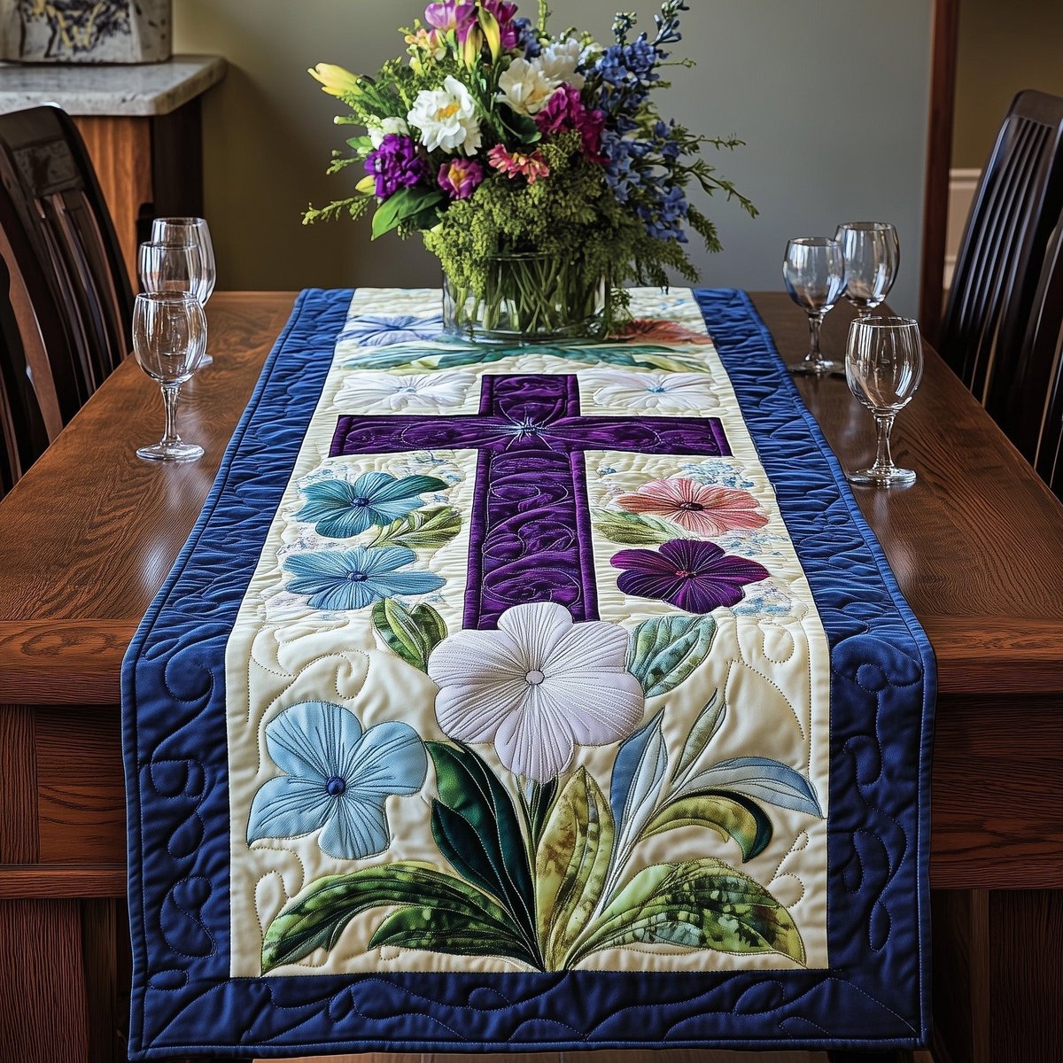 Purple Cross with White Blossoms Table Runner - Made to Order TABLE928