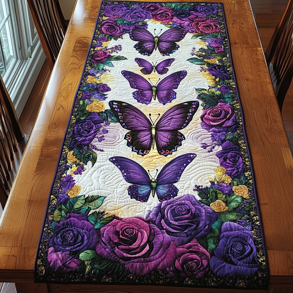 Purple Butterflies with Roses Table Runner - Made to Order TABLE928