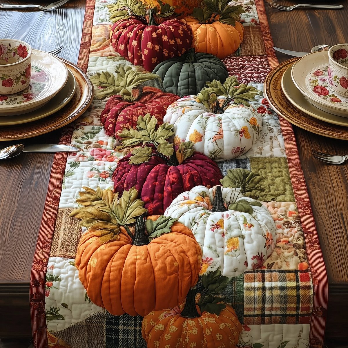 Pumpkins with Plaid and Floral Prints Table Runner - Made to Order TABLE928