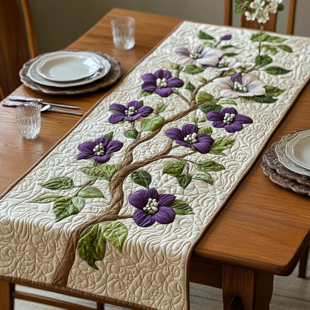 Purple Dogwood Blossoms on Ivory Table Runner - Made to Order TABLE928