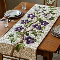 Purple Dogwood Blossoms on Ivory Table Runner - Made to Order TABLE928