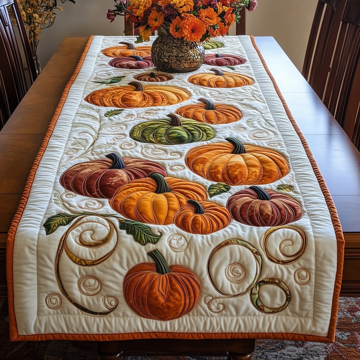 Pumpkins on Swirled Cream Table Runner - Made to Order TABLE928