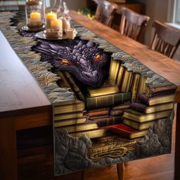 Purple Dragon Resting on Books Table Runner - Made to Order TABLE928