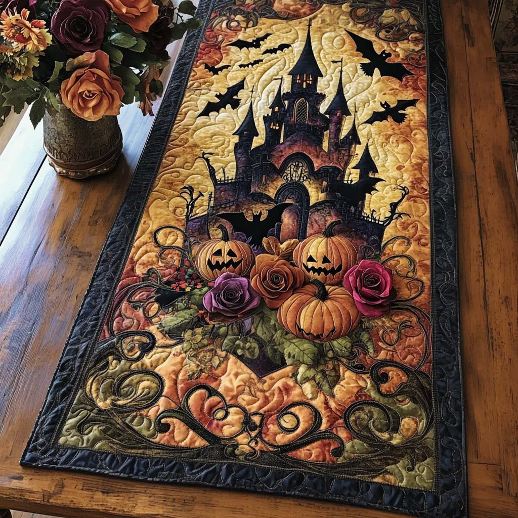Pumpkins and Roses on Dark Swirls Table Runner - Made to Order TABLE928