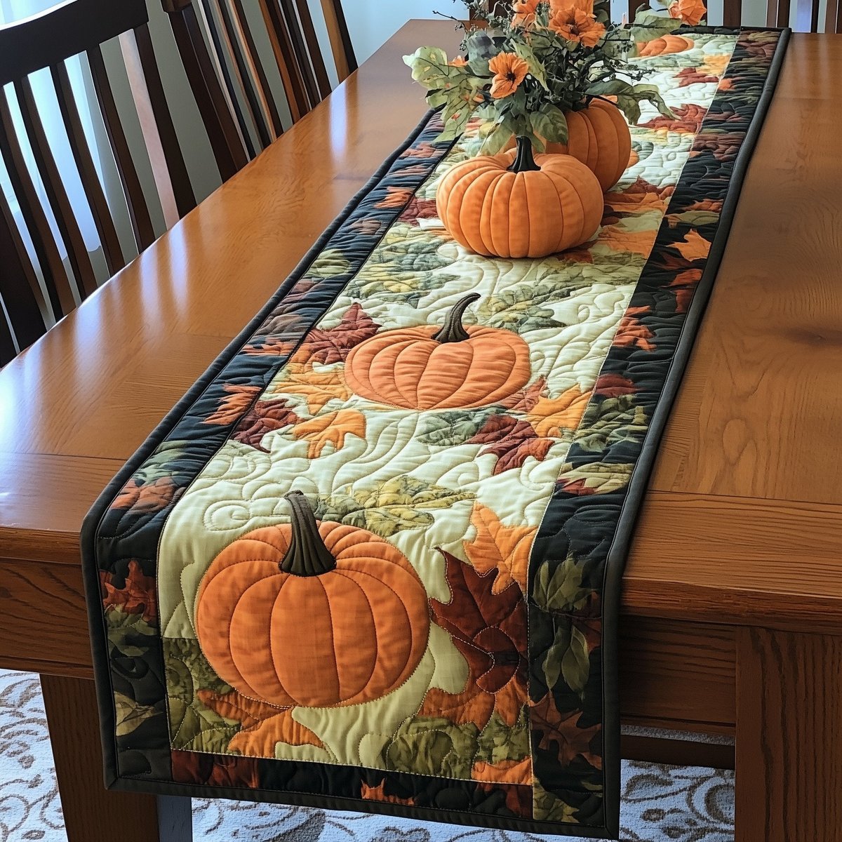 Pumpkins and Pale Gourds on Green Table Runner - Made to Order TABLE928