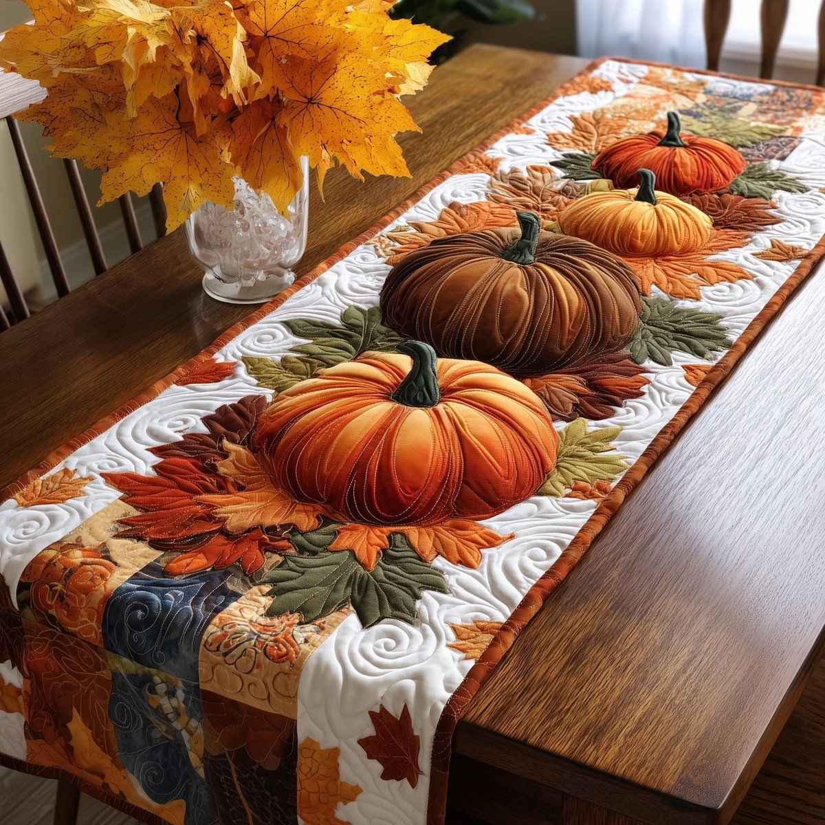 Pumpkins with Autumn Leaves on Cream Table Runner - Made to Order TABLE928