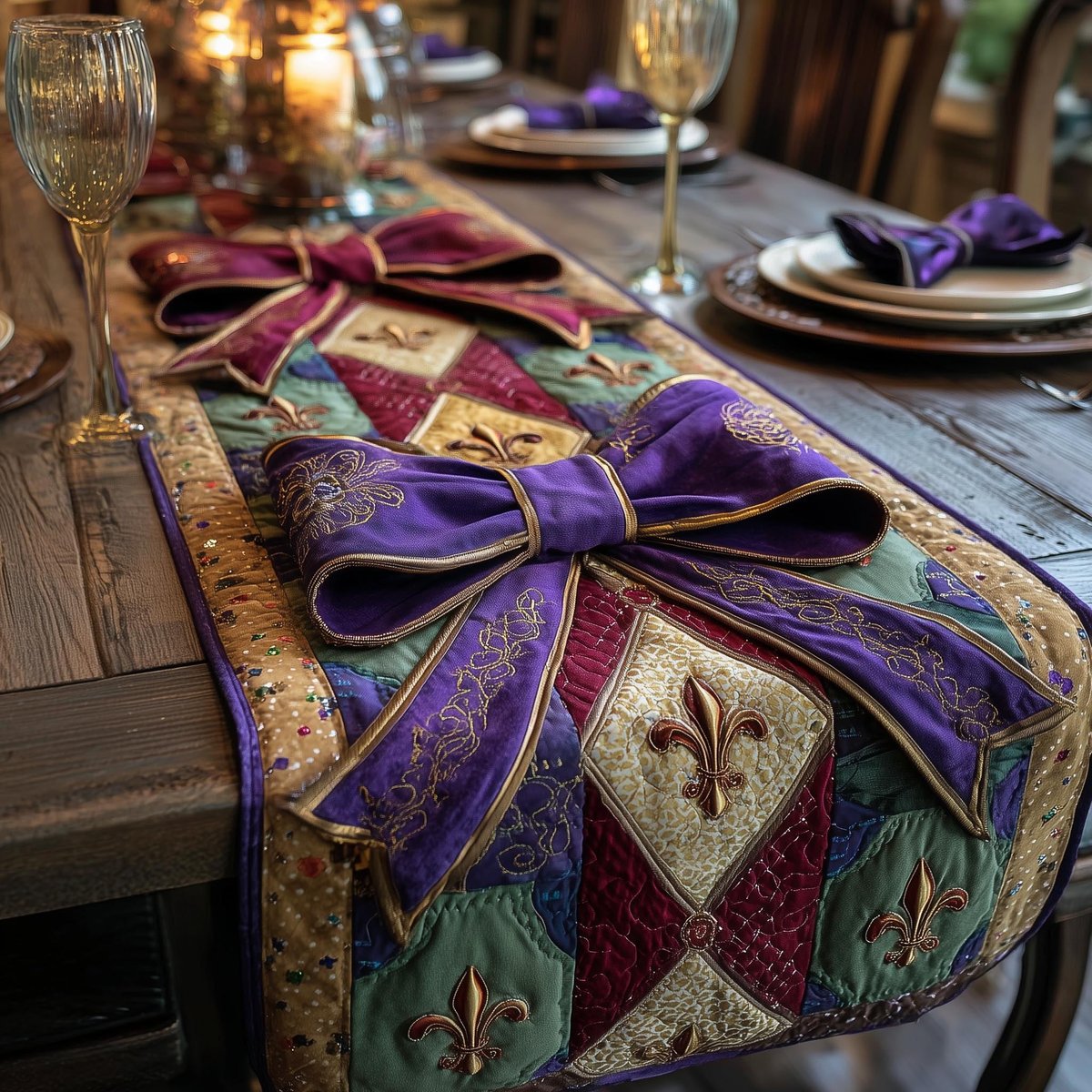 Purple Bow with Fleur de Lis Diamonds Table Runner - Made to Order TABLE928