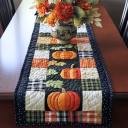 Pumpkins on Plaid Patchwork Table Runner - Made to Order TABLE928