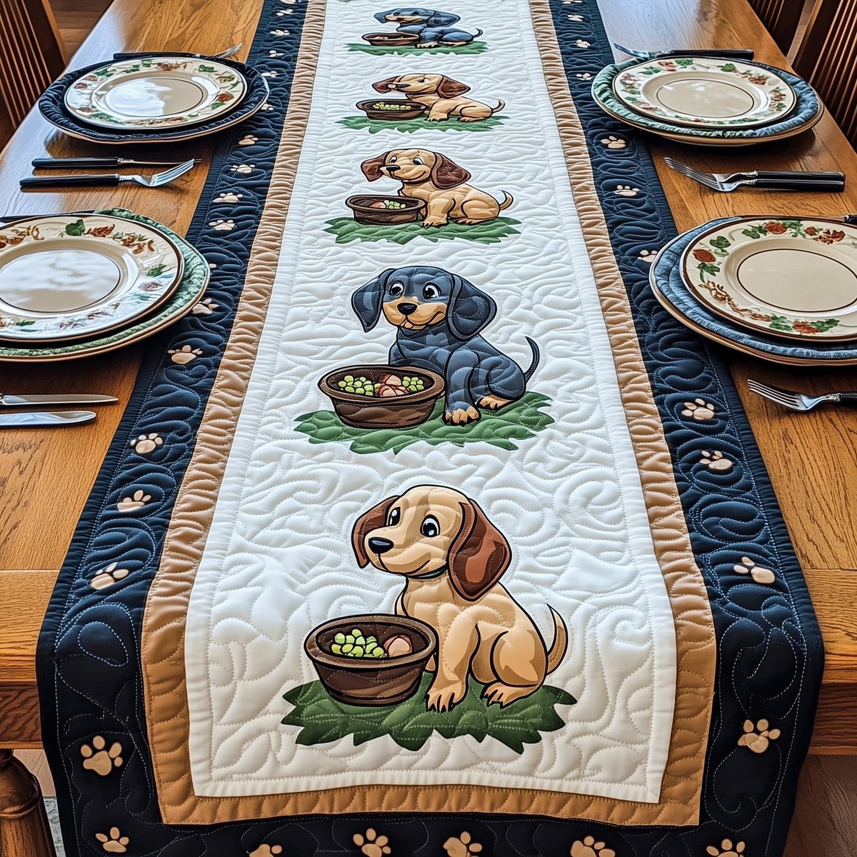 Puppies with Bowls on White Table Runner - Made to Order TABLE928