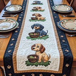 Puppies with Bowls on White Table Runner - Made to Order TABLE928
