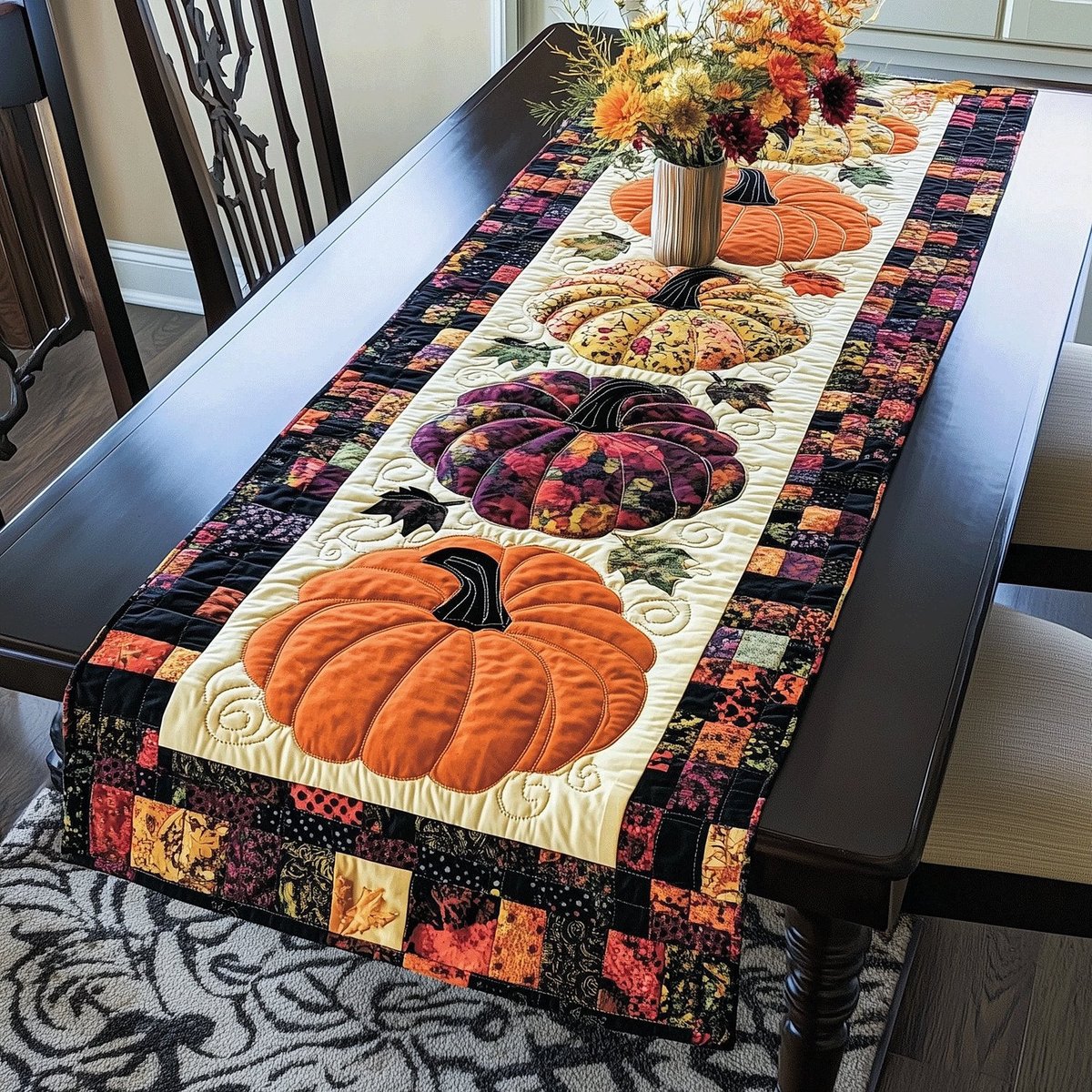 Pumpkins on Cream with Dark Border Table Runner - Made to Order TABLE928